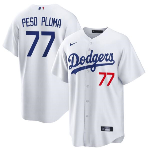 Youth Los Angeles Dodgers #77 Peso Pluma White Stitched Baseball Jersey Youth Los Angeles Dodgers #77 Peso Pluma White Stitched Baseball Jersey